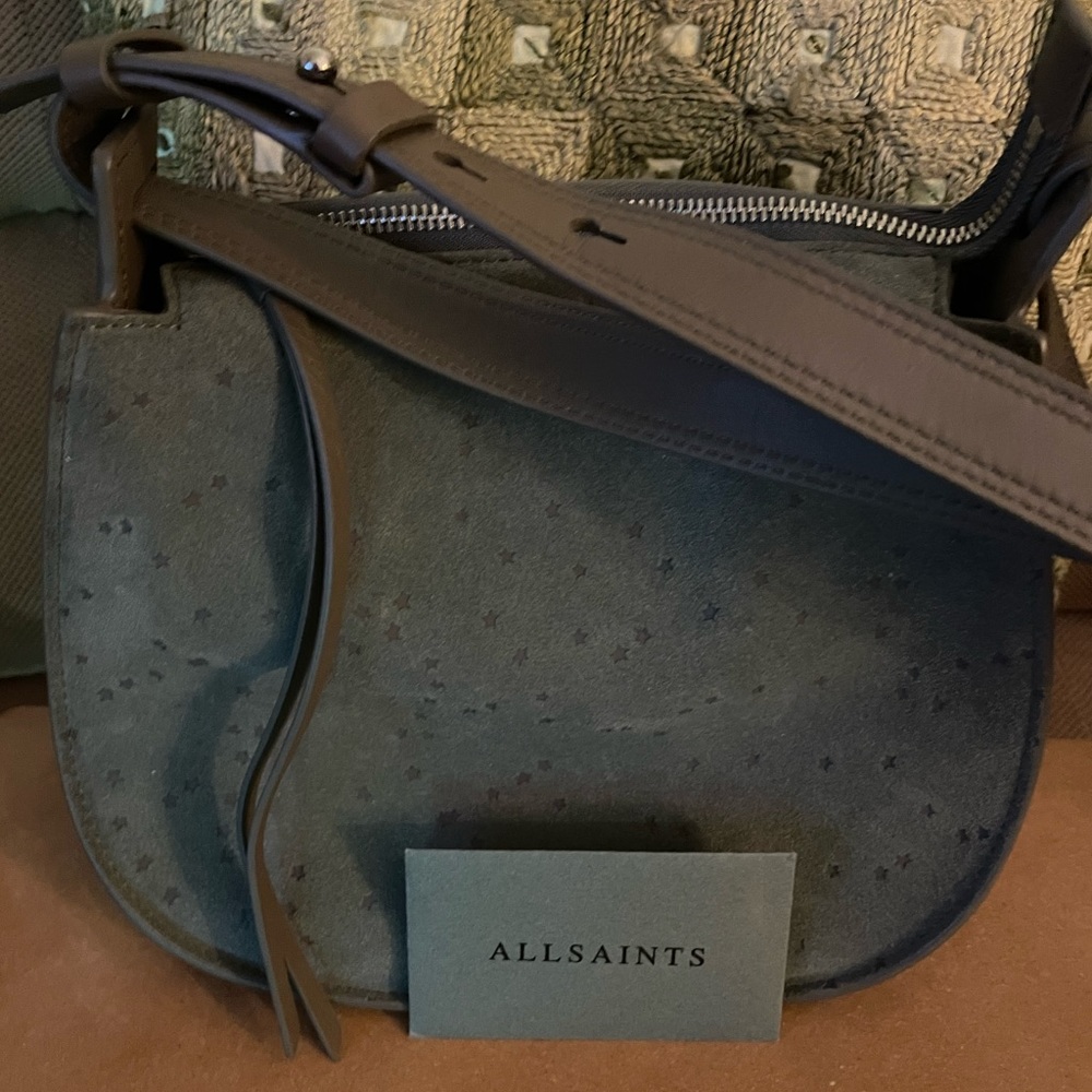 NWOT ALL SAINTS Echo mini hobo style shoulder horseshoe shaped suede purse. E4